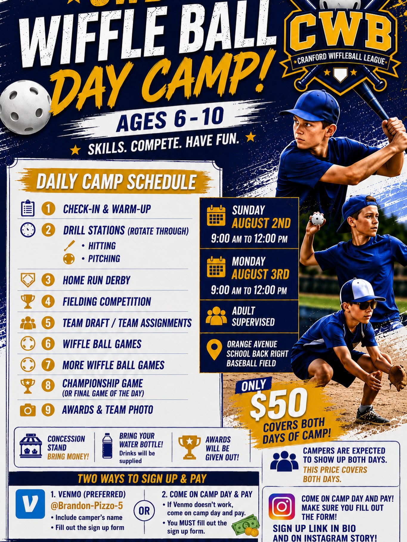 CWB Wiffle Ball Day Camp flyer — ages 6-10, August 2nd and 3rd, Orange Avenue School, $50 for both days